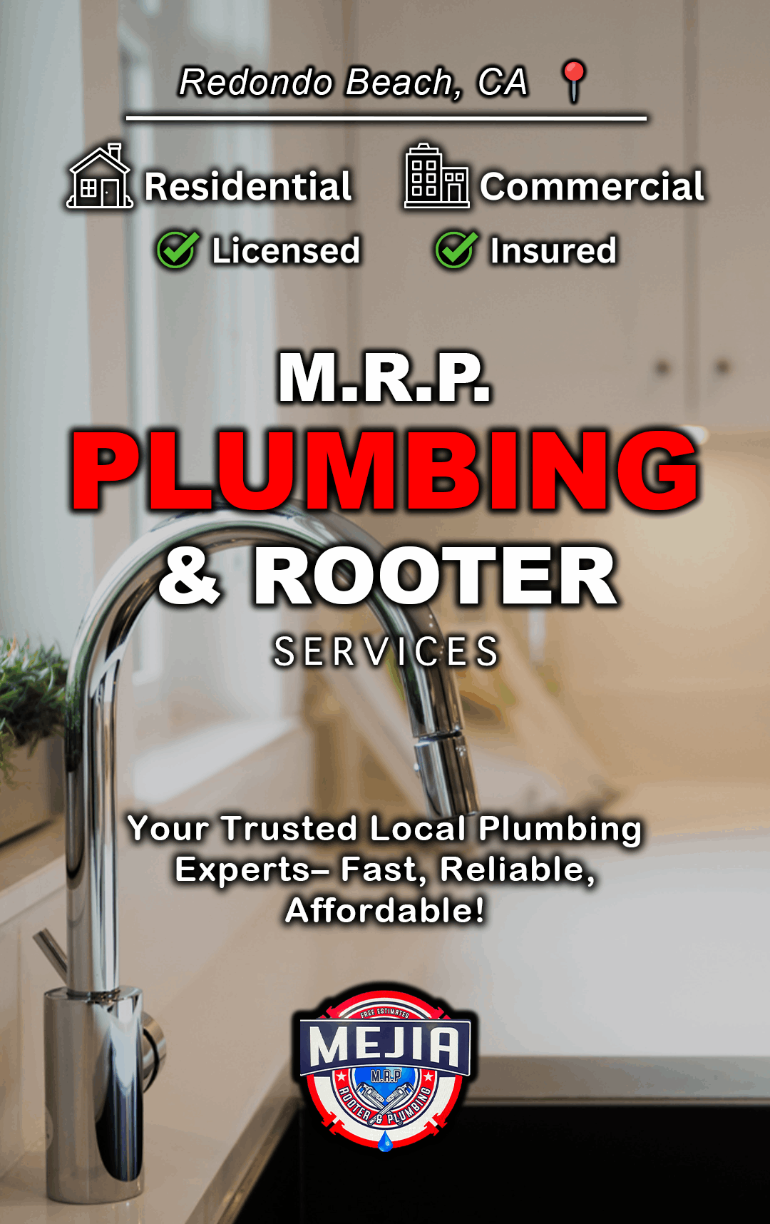 MRP Plumbing Services, based in Redondo Beach, servicing the South Bay and greater Los Angeles. Open 24/7, offering comprehensive plumbing services, including clogged drain repair, water heater repair and maintenance, sewer services, and all other plumbing-related needs.